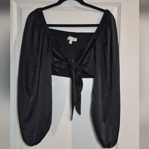 SHE+SKY Black Puff Sleeve Tie-Front Blouse